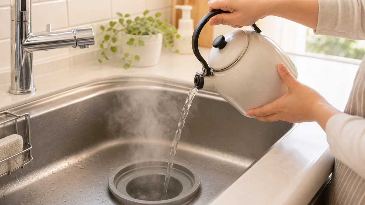 50〜60℃のお湯を流して残留スライムを除去する